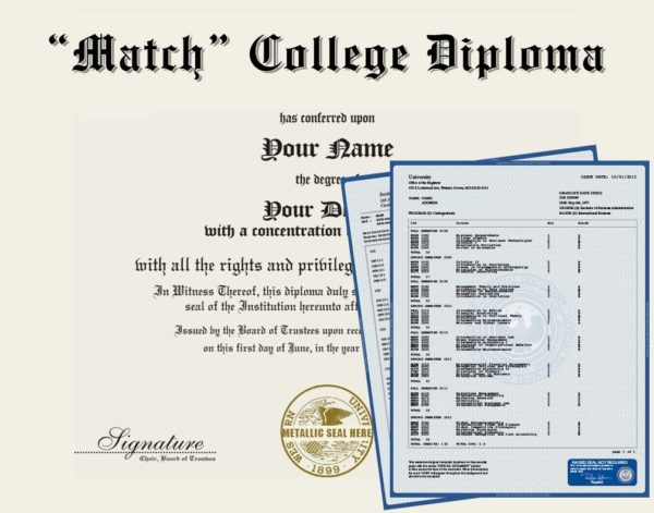 Fake College Diploma Replica with metallic seal and Transcripts