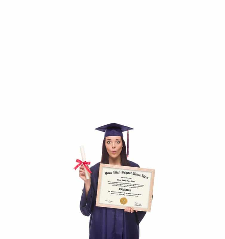 Graduate holding high school fake diploma